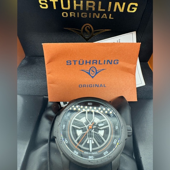 Stuhrling Original 984 05 Aviator Quartz Black Orange Silicone Strap Mens Watch - Picture 6 of 10